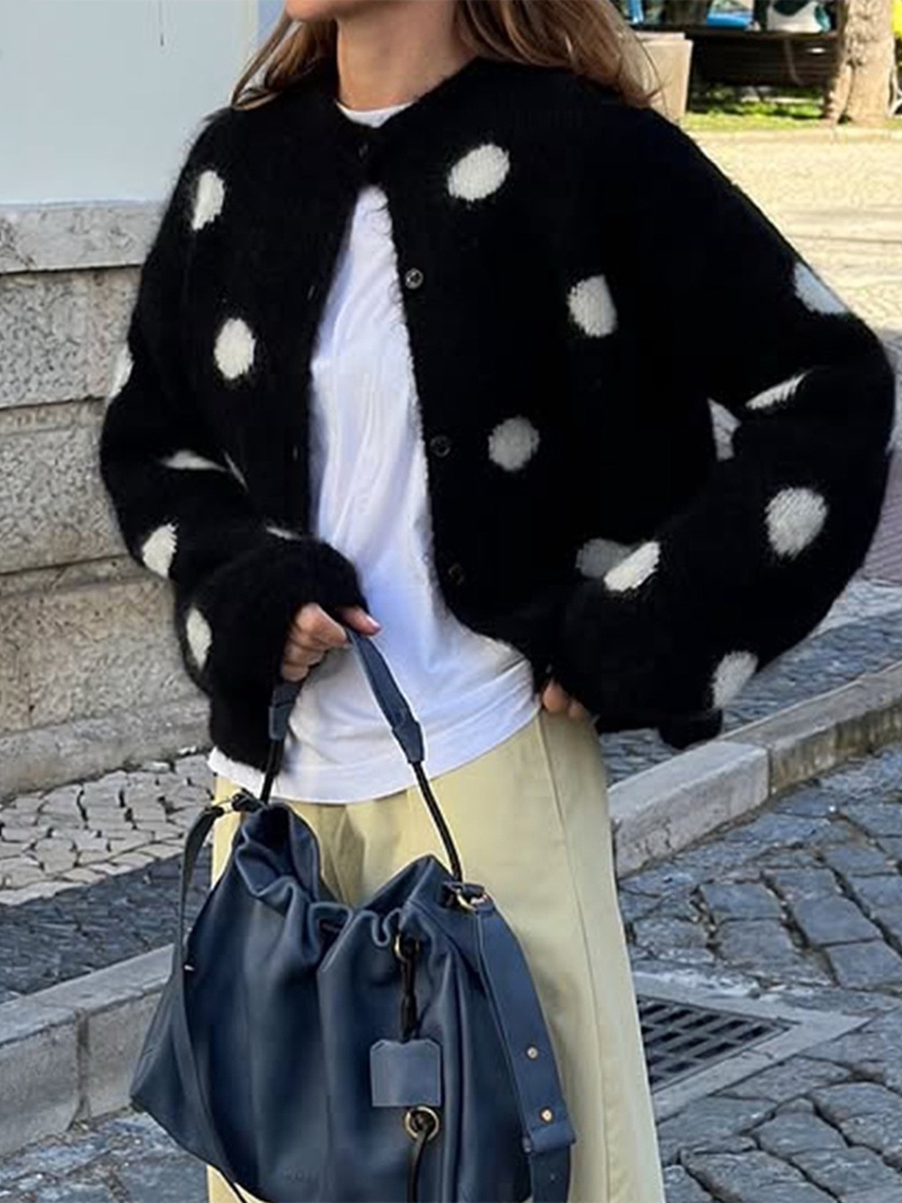 Polka Dot Fuzzy Knit Button-Up Cardigan